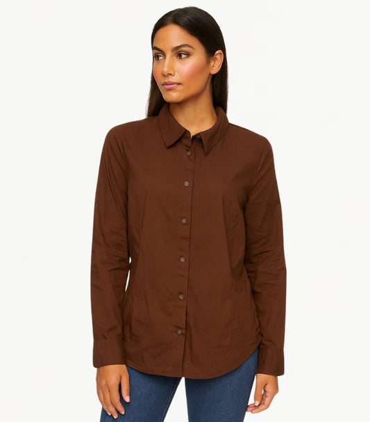 H&M WOMEN'S SOLID BROWN LONG-SLEEVE TOP WITH AN OPEN, TIE-BACK DESIGN
