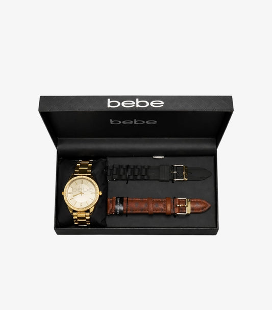 BEBE WOMEN’S GOLD-TONE INTERCHANGEABLE WATCH GIFT SET – 3 STRAPS