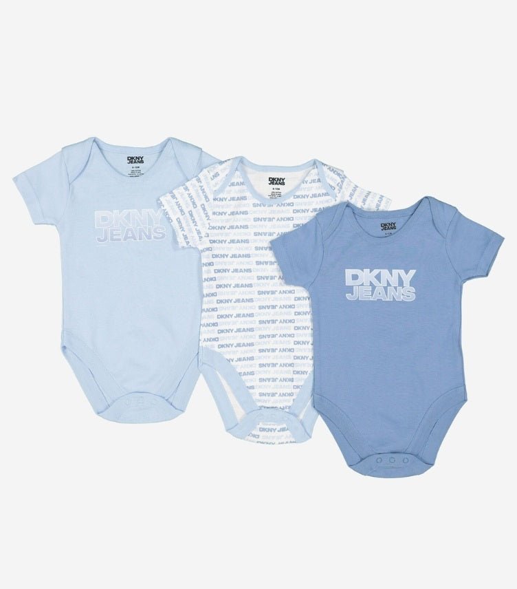 DKNY JEANS 03 PIECE BLUE & WHITE LOGO GRAPHIC BODYSUIT SET