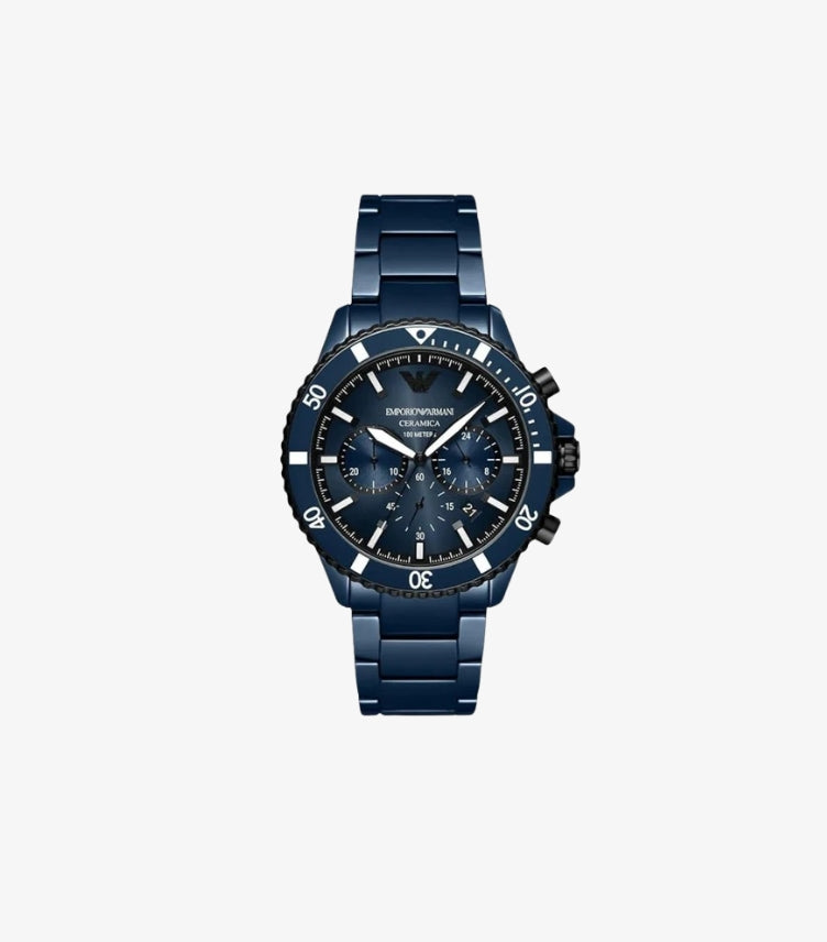 EMPORIO ARMANI DIVER BLUE CERAMIC STRAP BLUE DIAL CHRONOGRAPH QUARTZ WATCH - AR70009
