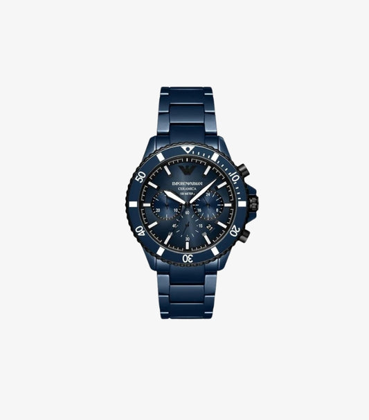 EMPORIO ARMANI DIVER BLUE CERAMIC STRAP BLUE DIAL CHRONOGRAPH QUARTZ WATCH - AR70009