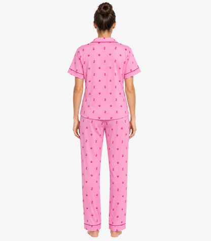 Back view of Juicy Couture pink short-sleeve pajama top and full-length pants