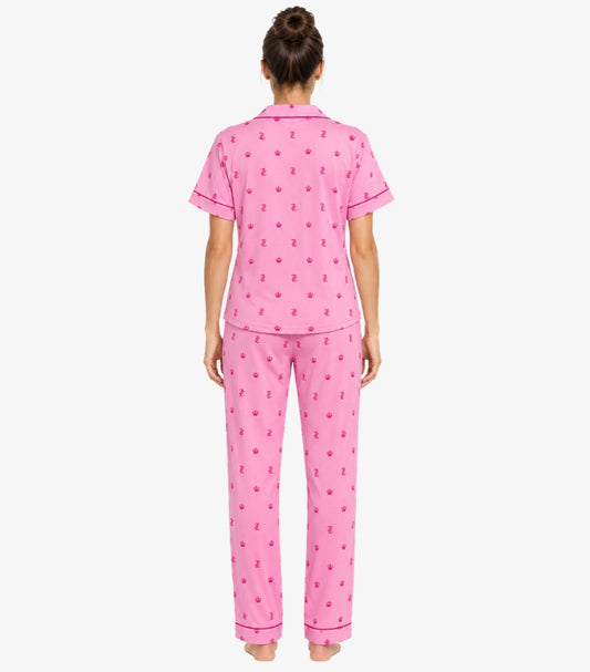 Back view of Juicy Couture pink short-sleeve pajama top and full-length pants