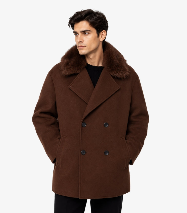 H&M men's brown double-breasted wool blend coat with faux fur collar front view