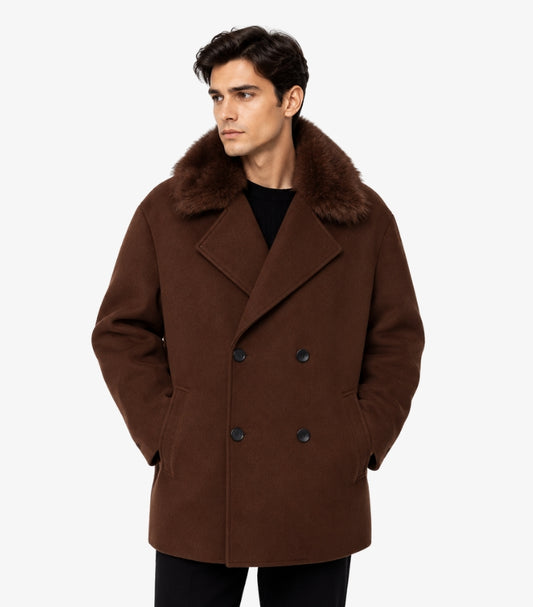 H&M men's brown double-breasted wool blend coat with faux fur collar front view