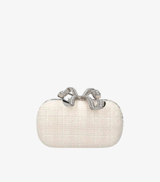 SELF-PORTRAIT BOUCLE CREAM BOW CLUTCH BAG