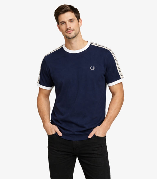 FRED PERRY MEN’S LAUREL TAPE T-SHIRT – NAVY WITH WHITE TRIM