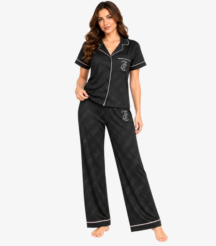 Front view of Juicy Couture women’s monogram pyjama set with button-up shirt, wide-leg trousers and embellished JC logos
