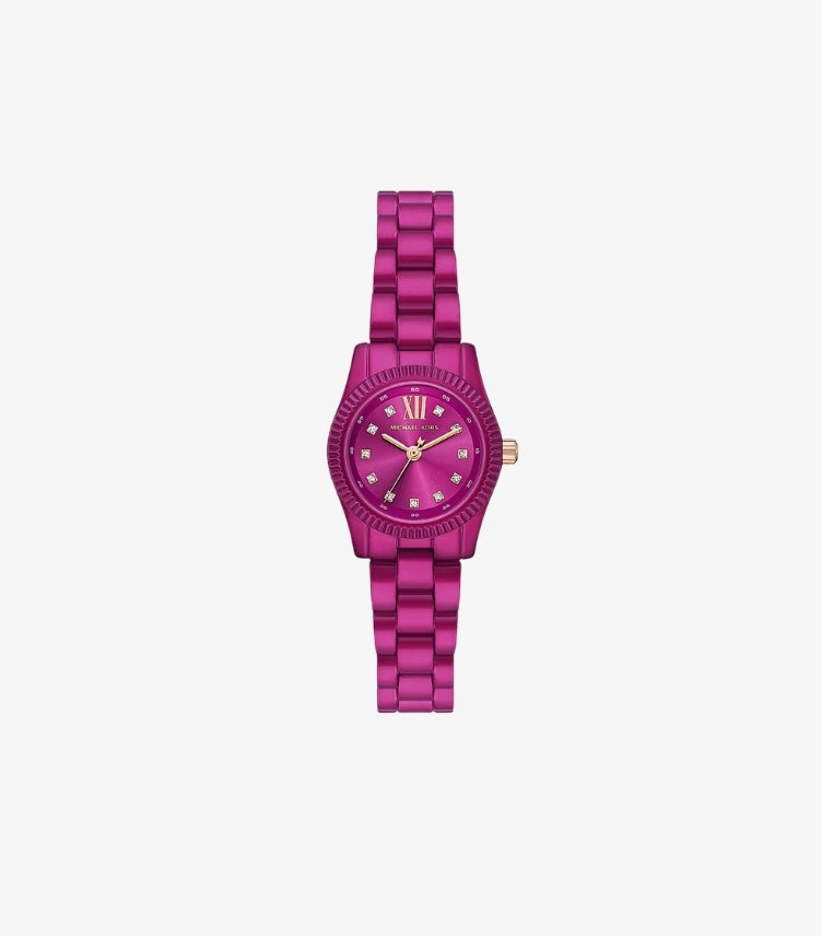 Front view of Michael Kors women’s petite pink-tone watch with 26mm case, pavé dial and three-link bracelet
