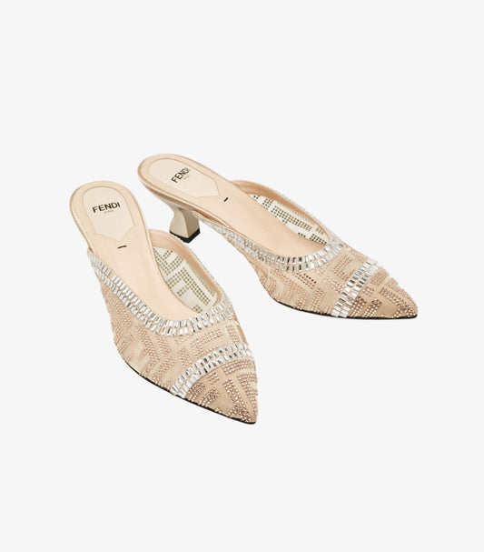 FENDI BEIGE MESH CRYSTAL EMBELLISHED COLIBRI MULES