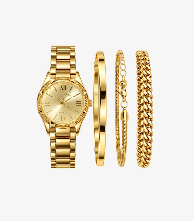 U.S. Polo Assn. women’s gold-tone quartz watch displayed with a polished bangle, adjustable chain bracelet and curb-chain bracelet