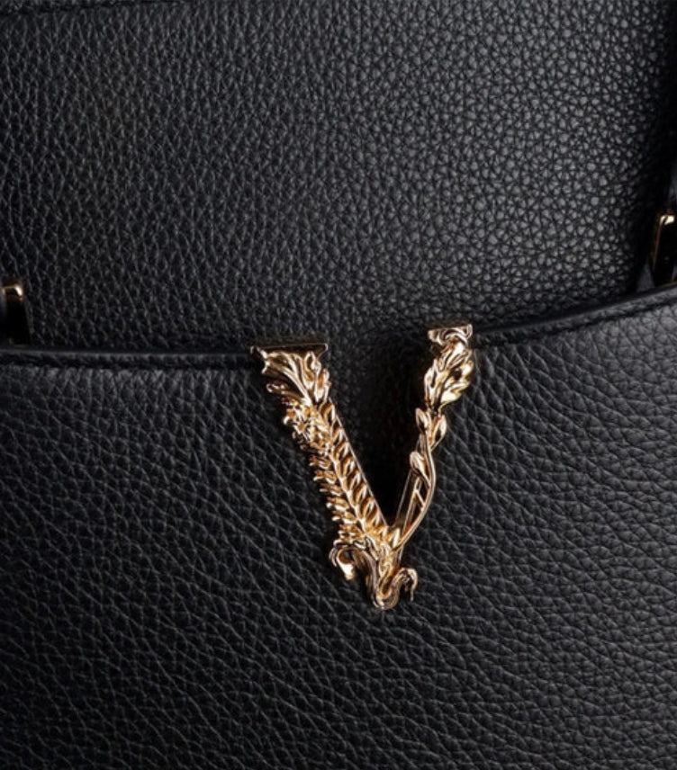 VERSACE LARGE GRAINED CALFSKIN VIRTUS TOP HANDLE SATCHEL