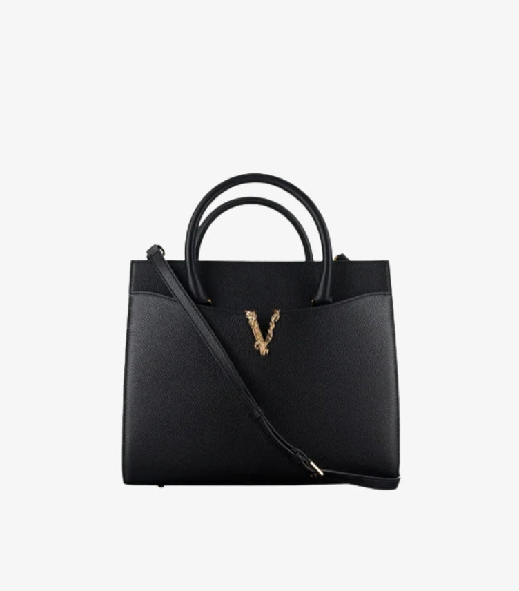VERSACE LARGE GRAINED CALFSKIN VIRTUS TOP HANDLE SATCHEL