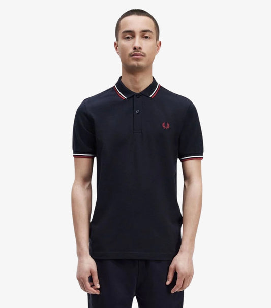 FRED PERRY POLO M3600 NAVY SNOW WHITE & BURNT RED