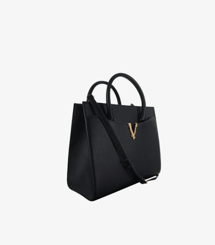 VERSACE LARGE GRAINED CALFSKIN VIRTUS TOP HANDLE SATCHEL