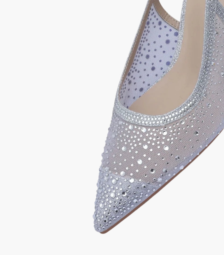 SEQWL MESH SLINGBACK SHOES MID HEEL PUMPS IN SILVER