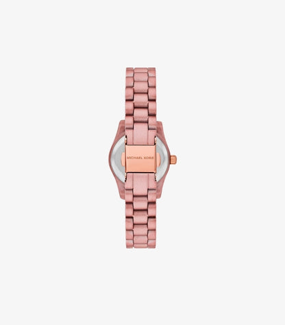 Back view of Michael Kors petite pink-tone bracelet watch showing its branded rose gold-tone clasp