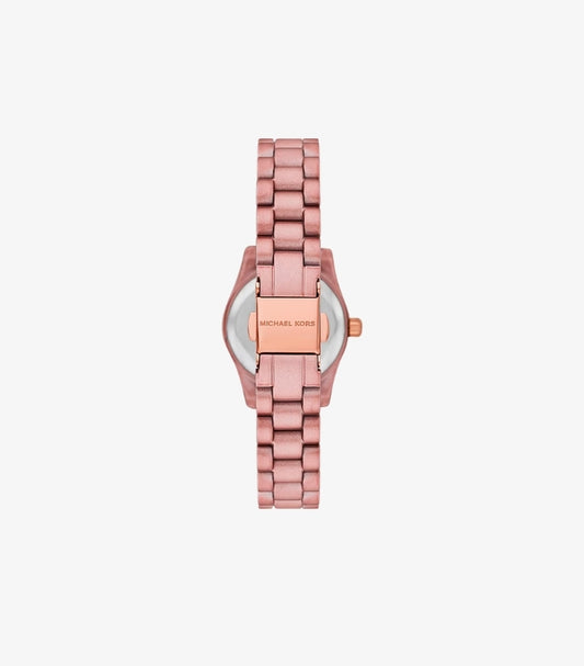 Back view of Michael Kors petite pink-tone bracelet watch showing its branded rose gold-tone clasp