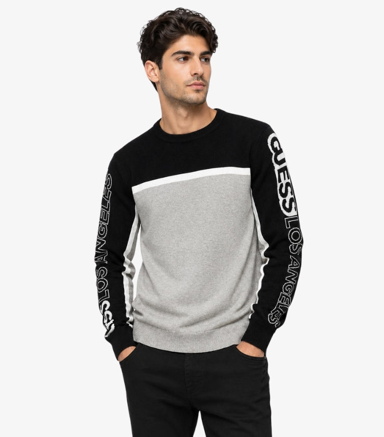 GUESS MEN’S COLORBLOCK LOGO SLEEVE SWEATSHIRT – BLACK & GREY
