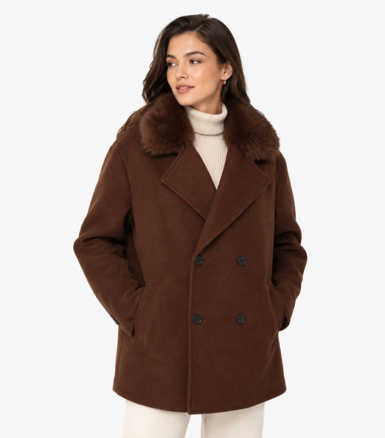 H&M women's brown double-breasted wool blend coat with faux fur collar front view