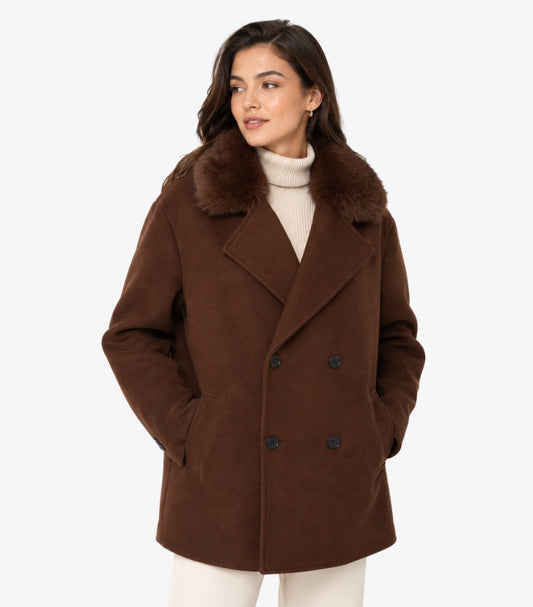 H&M women's brown double-breasted wool blend coat with faux fur collar front view