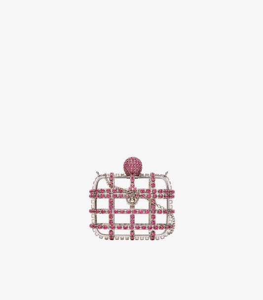 Aquazzura silver crystal cage clutch bag with pink rhinestones