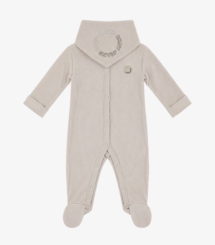 DKNY Jeans beige ribbed baby hooded sleepsuit front view