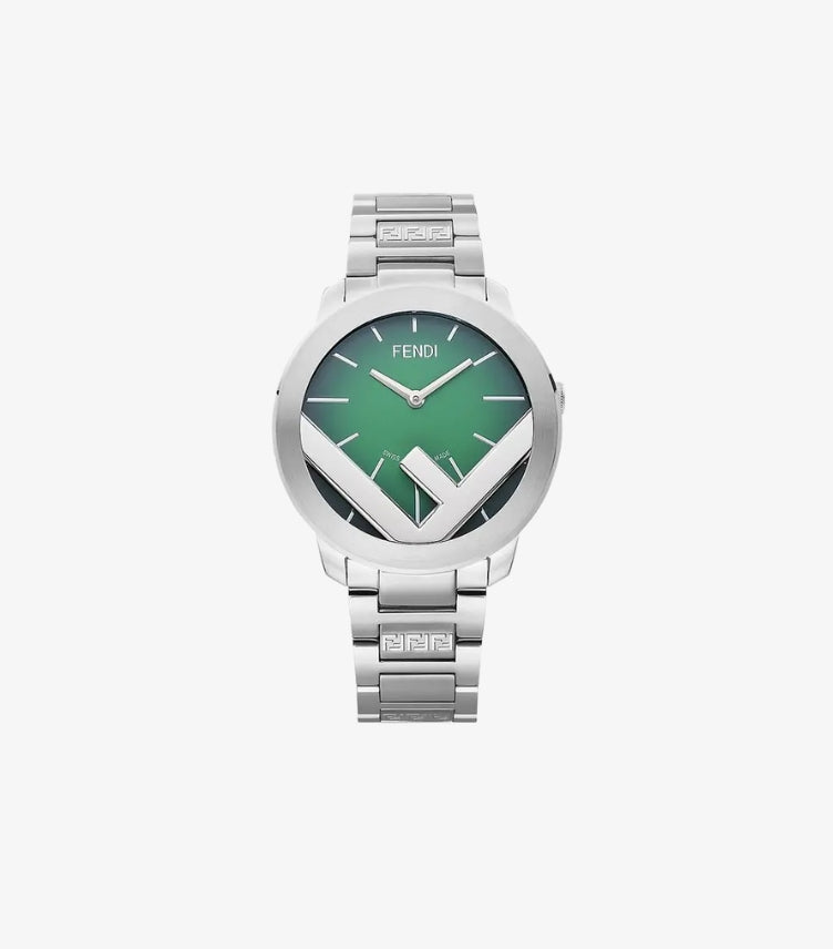 Front view of Fendi FF motif watch with green dial and silver-tone logo link bracelet