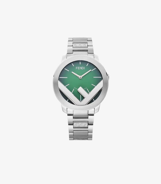 Front view of Fendi FF motif watch with green dial and silver-tone logo link bracelet