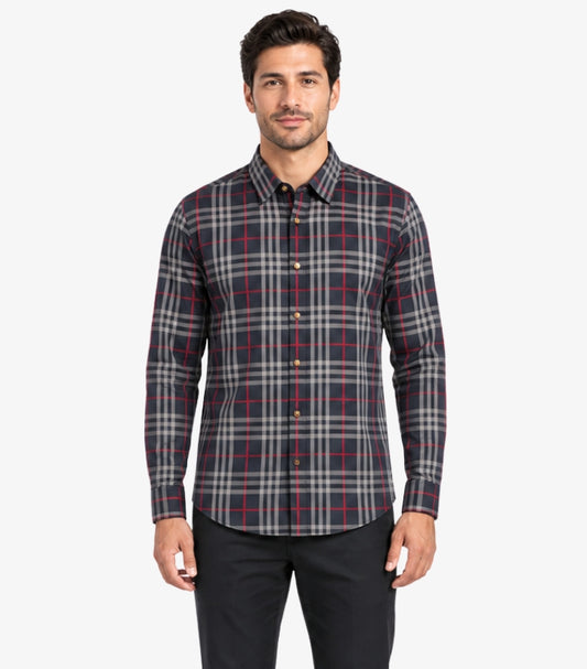 Burberry men's check long sleeve cotton button-down shirt front view on white background.