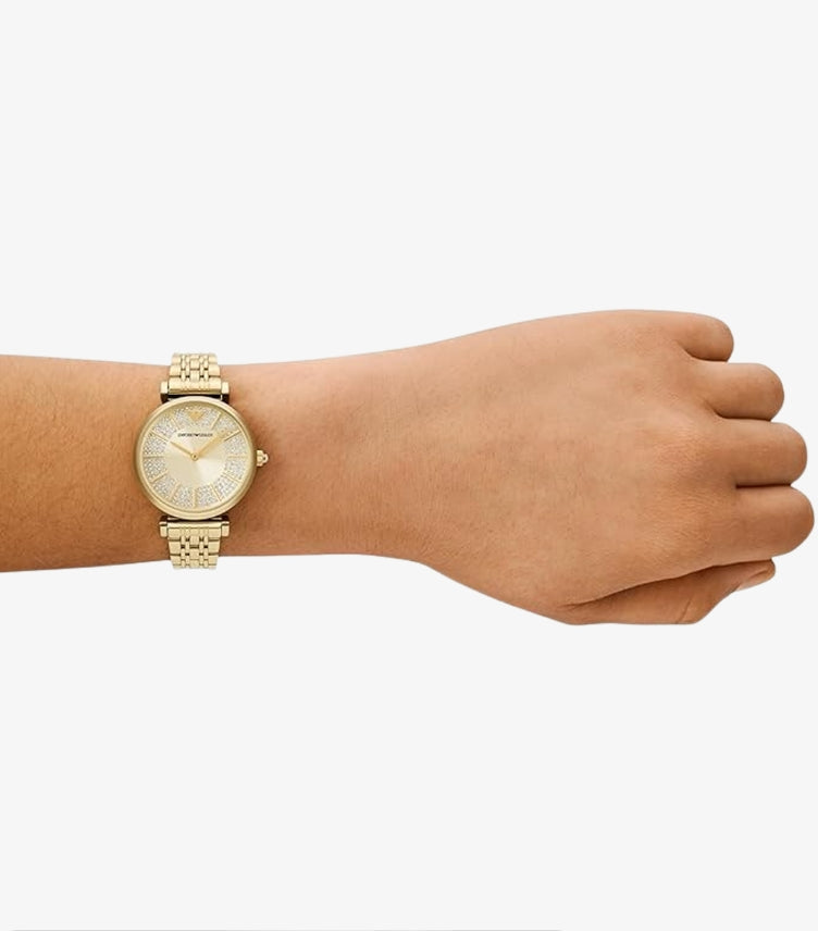 EMPORIO ARMANI TWO-HAND GOLD-TONE STAINLESS STEEL WATCH AR11608