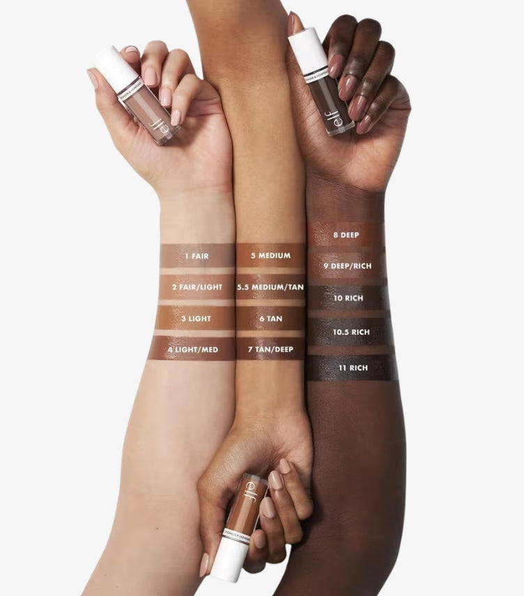 e.l.f. Camo Liquid Bronzer and Contour swatches displayed across fair to rich skin tones