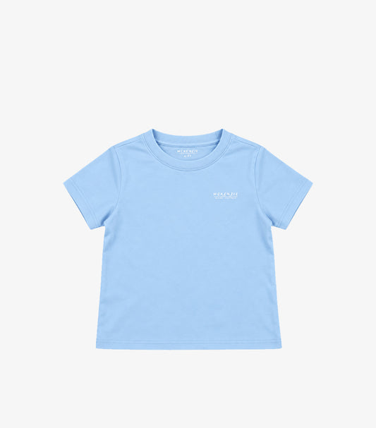 Front view of McKenzie boys’ light blue short-sleeve crew-neck T-shirt with a small white sportswear chest logo
