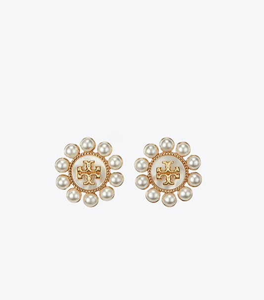 TORY BURCH PEARL LOGO STUD EARRINGS – GOLD & IVORY