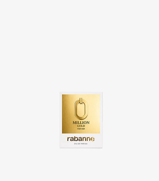 Rabanne 1 Million Gold For Her Eau de Parfum 5ml Travel Mini White and Brushed Gold Presentation Box with Iconic Oval Clasp Motif – Women's Luxury Fragrance Mini Box Front View