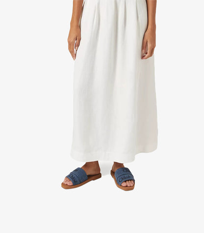CHLOE WOODY SQUARE-TOE FLAT SANDALS IN DENIM