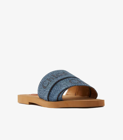 CHLOE WOODY SQUARE-TOE FLAT SANDALS IN DENIM