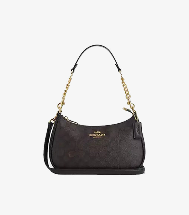 Coach Teri shoulder bag Gold Walnut Black Signature canvas front view with detachable strap