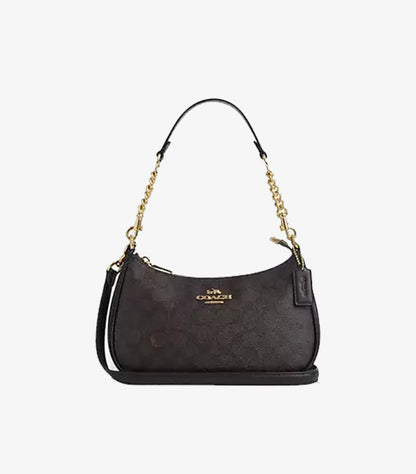 Coach Teri shoulder bag Gold Walnut Black Signature canvas front view with detachable strap
