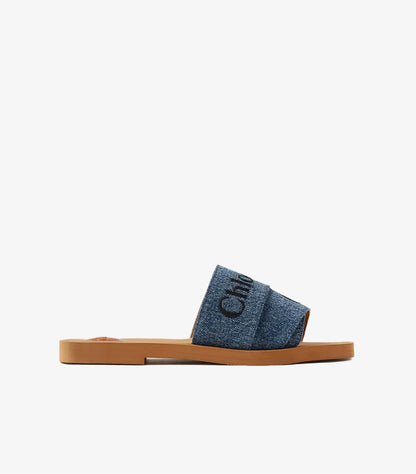 CHLOE WOODY SQUARE-TOE FLAT SANDALS IN DENIM