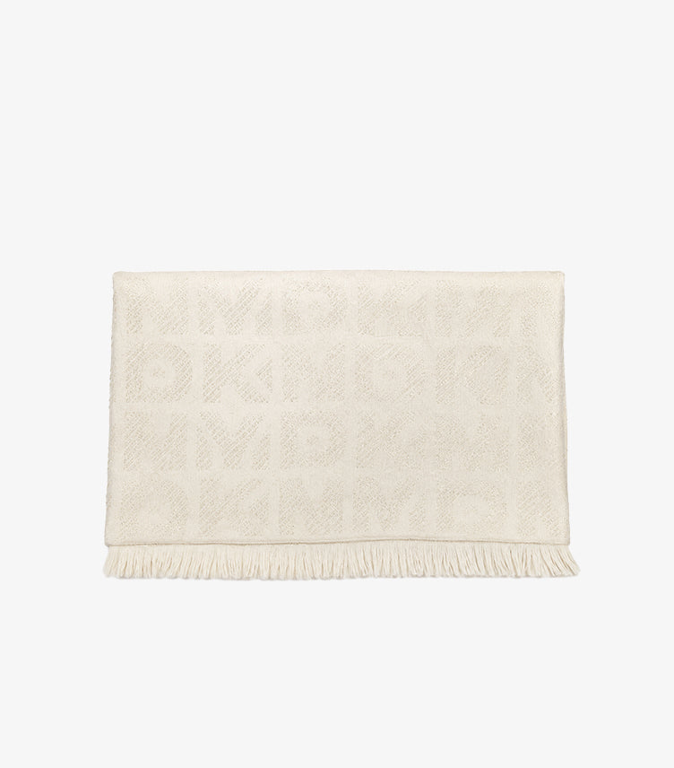 DKNY women’s ivory rectangular scarf with all-over tonal logo jacquard pattern and fringed edge
