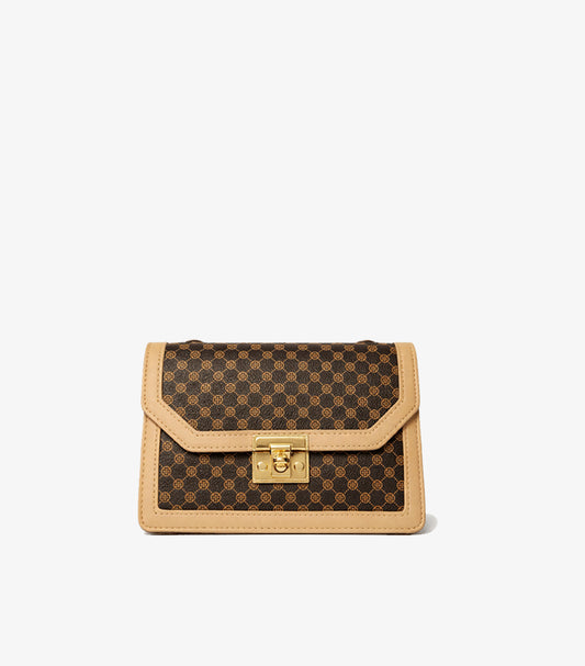 SHEIN WOMEN’S MONOGRAM FLAP CLUTCH BAG – DARK BROWN & BEIGE (WITHOUT CHAIN)