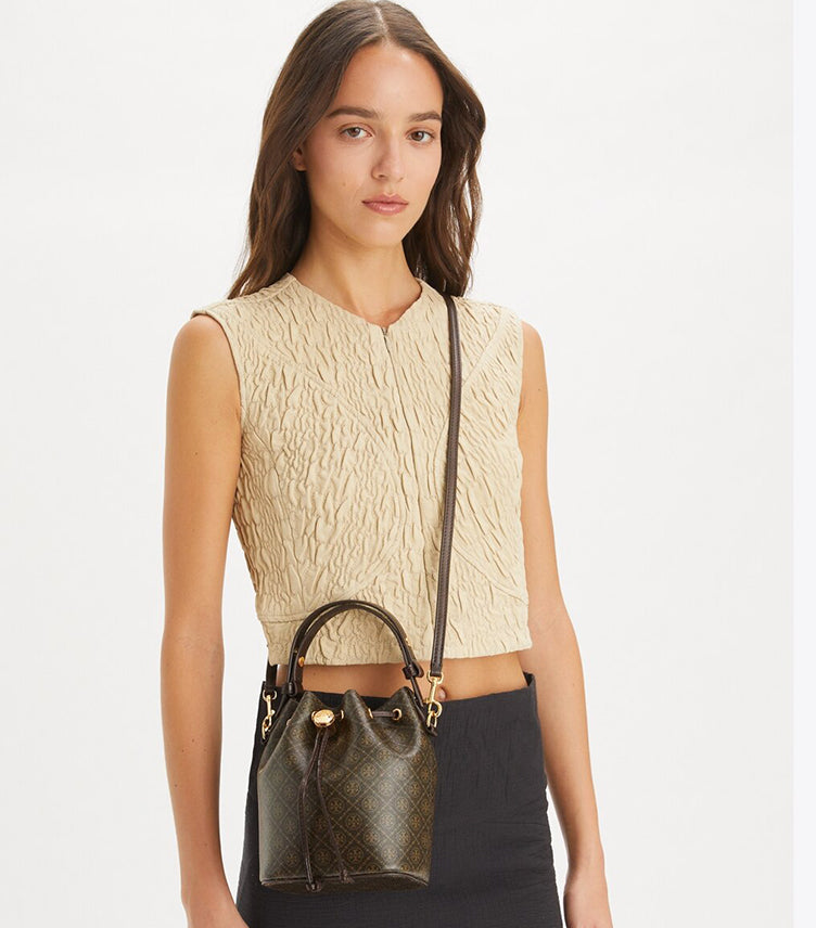 TORY BURCH T MONOGRAM COATED CANVAS MINI BUCKET BAG
