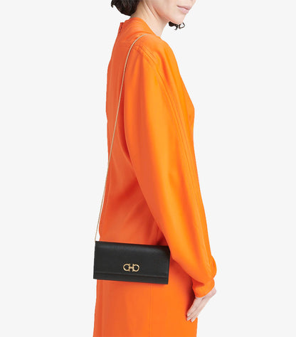 FERRAGAMO GANCINO FLAP LEATHER CLUTCH ON CHAIN