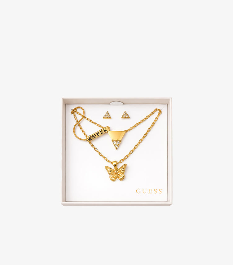 GUESS GOLD BUTTERFLY & TRIANGLE NECKLACE SET