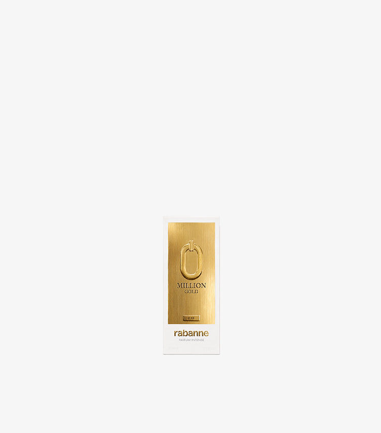 Rabanne 1 Million Gold Elixir Parfum Intense 50ml White and Brushed Gold Presentation Box with Iconic Oval Clasp Motif and Gold Million Gold Elixir Lettering – Men's Luxury Fragrance Box Front View