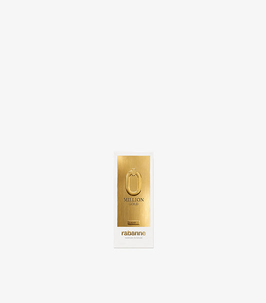 Rabanne 1 Million Gold Elixir Parfum Intense 50ml White and Brushed Gold Presentation Box with Iconic Oval Clasp Motif and Gold Million Gold Elixir Lettering – Men's Luxury Fragrance Box Front View