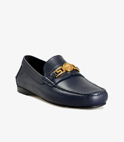 VERSACE NAVY BLUE CALF LEATHER LOAFERS MEN'S SHOES