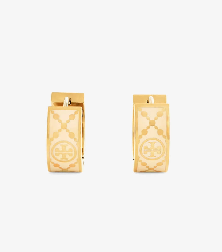 TORY BURCH WHITE AND GOLD T-MONOGRAM HUGGIE EARRINGS