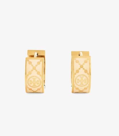 TORY BURCH WHITE AND GOLD T-MONOGRAM HUGGIE EARRINGS